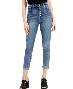 Teen Cuffed Exposed Button Mom Jeans (Young Women's Fit)