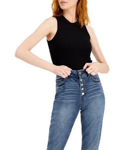 Teen Cuffed Exposed Button Mom Jeans (Young Women's Fit)