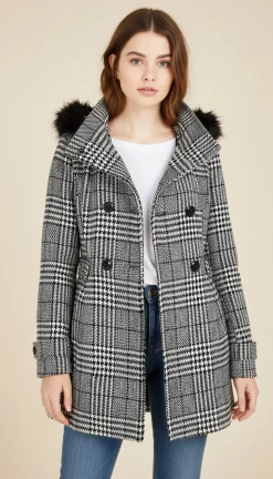 Teen Faux-Fur Trim Plaid Coat (Young Women's Fit)