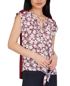Teen Floral-Print Criss-Cross Tie-Hem Top (Young Women's Fit)