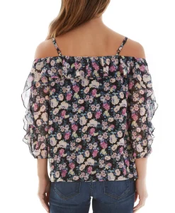 Teen Floral-Print Ruffled Cold-Shoulder Top (Young Women's Fit)
