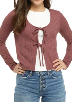 Teen Long Sleeve Pointelle Tie Front Cardigan (Young Women's Fit)