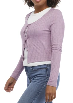 Teen Long Sleeve Pointelle Tie Front Cardigan (Young Women's Fit)