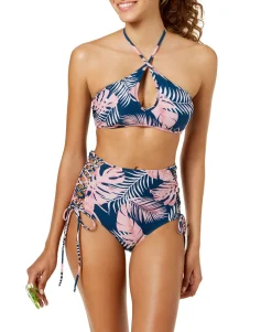 Teen Paradise Leaves Printed Keyhole Halter Bikini Top (Young Women's Fit)