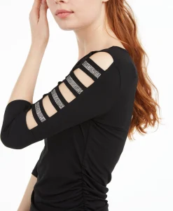 Teen Rhinestone-Embellished Ladder-Trim Top (Young Women's Fit)