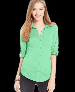 Teen Ribbed-Panel Button-Down Top (Young Women's Fit)