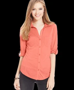 Teen Ribbed-Panel Button-Down Top (Young Women's Fit)