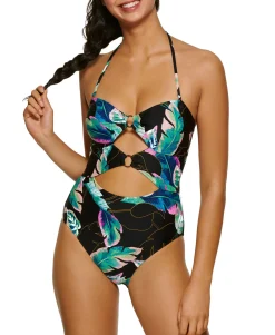 Teen Twisted Palms Printed Cutout One-Piece Swimsuit (Young Women's Fit)