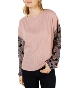 Teen Waffle-Knit Sheer-Sleeve Top (Young Women's Fit)