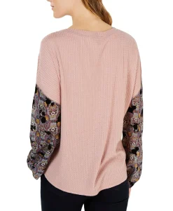 Teen Waffle-Knit Sheer-Sleeve Top (Young Women's Fit)