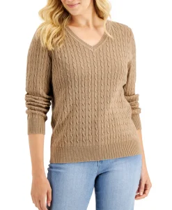 Women's Cable-Knit V-Neck Cotton Sweater