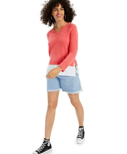 Women's Cashmere Long-Sleeve Split-Neck Twofer