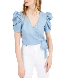 Women's Chambray Puffed-Sleeve Wrap Top