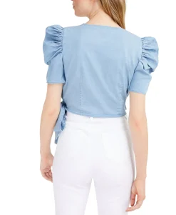 Women's Chambray Puffed-Sleeve Wrap Top