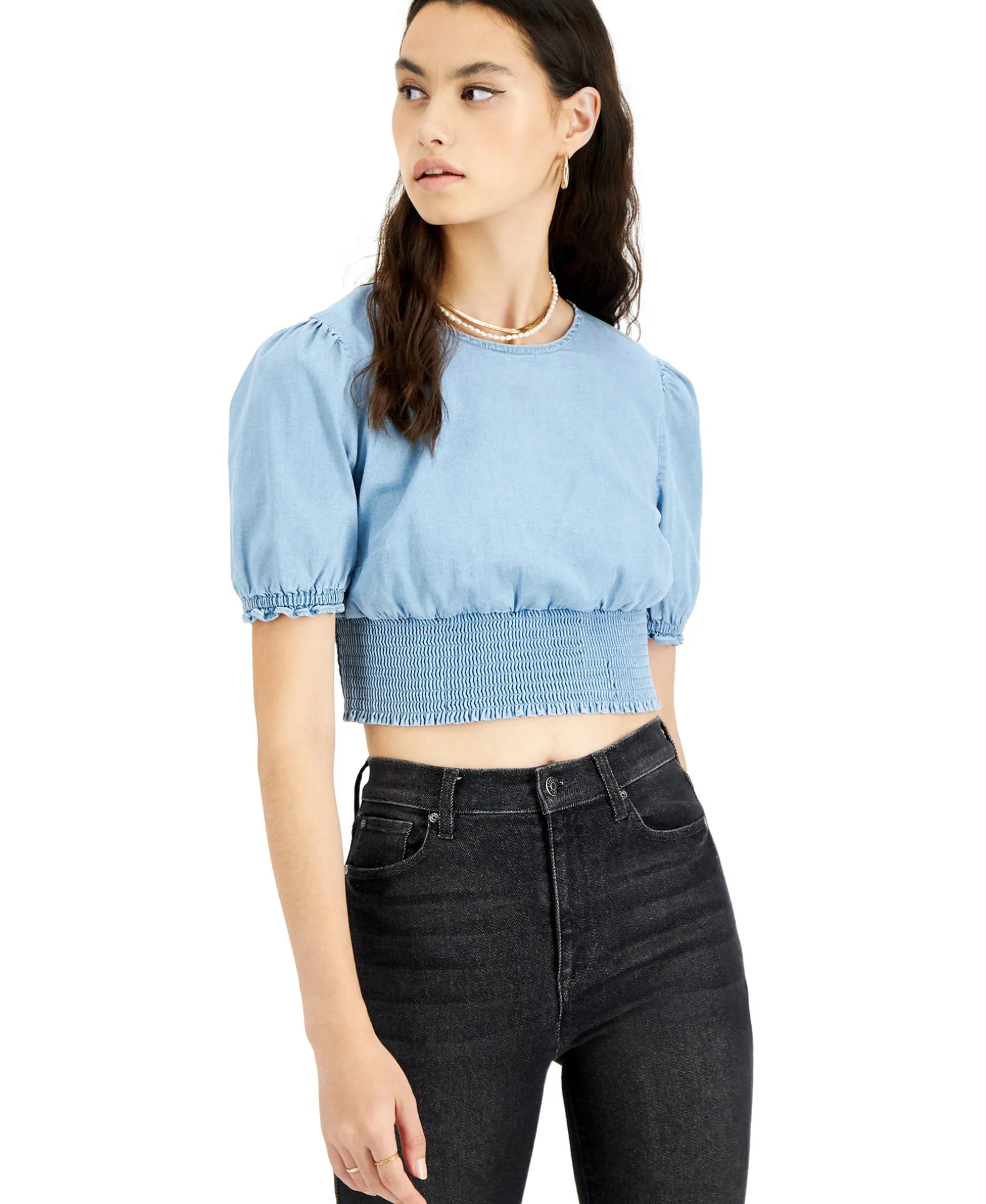 Women's Chambray Puff-Sleeve Top
