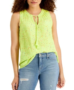 Women's Confetti-Print Split-Neck Tassel Tank