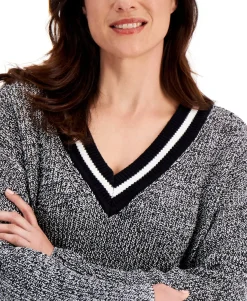 Women's Contrast Varsity-Striped V-Neck Sweater