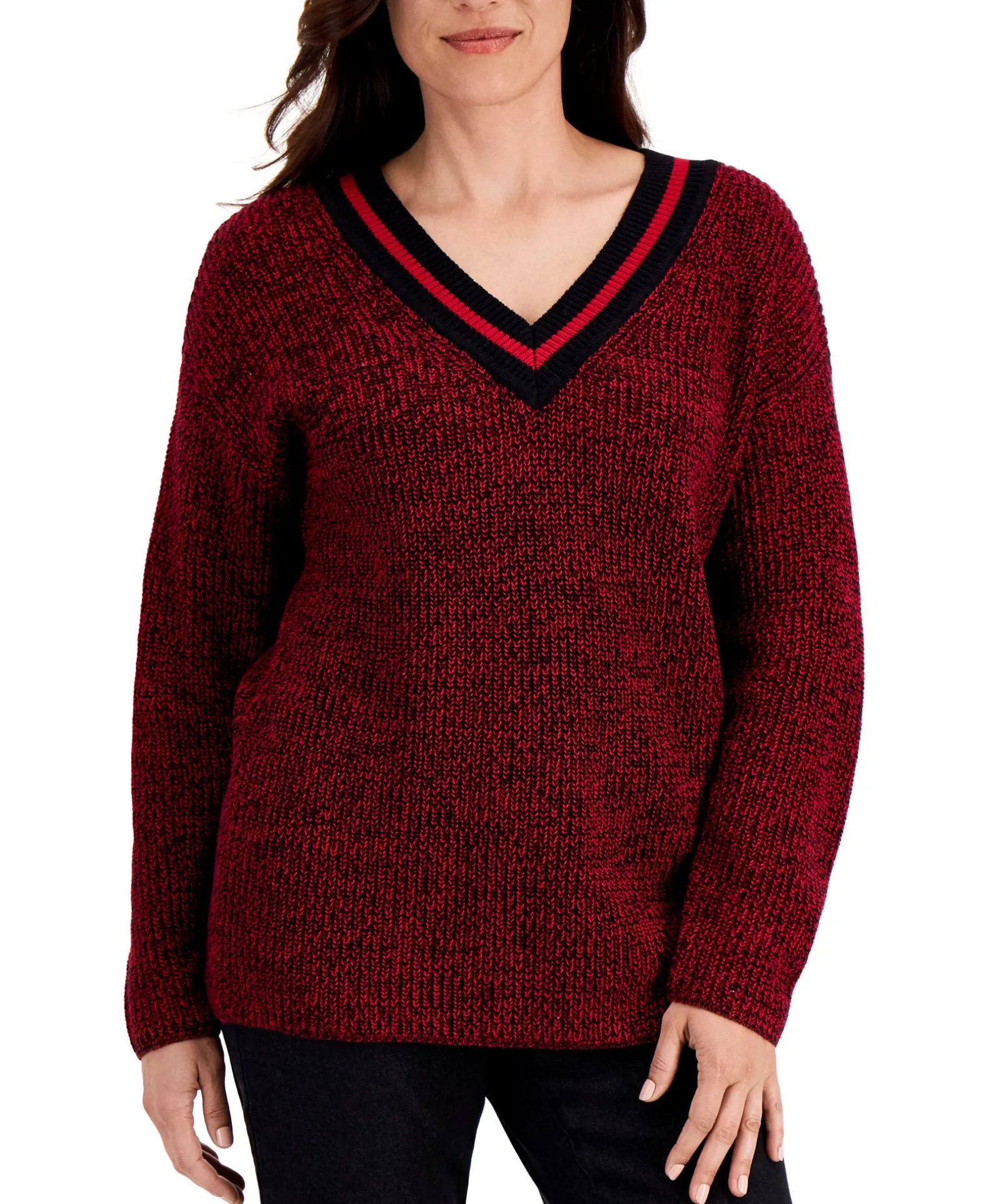 Women's Contrast Varsity-Striped V-Neck Sweater