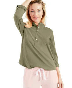 Women's Cotton Cuffed-Sleeve Henley Top