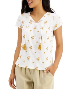 Women's Cotton Embroidered Split-Neck Top