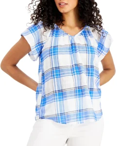 Women's Cotton Plaid Flutter Sleeve Top