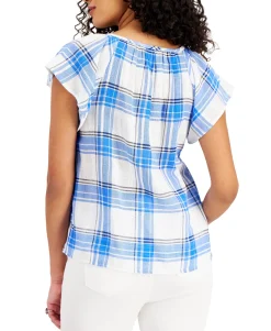 Women's Cotton Plaid Flutter Sleeve Top