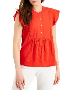 Women's Cotton Ruffled-Sleeve Eyelet Top