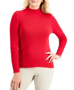 Women's Cotton Solid Rib Mock-Neck Sweater