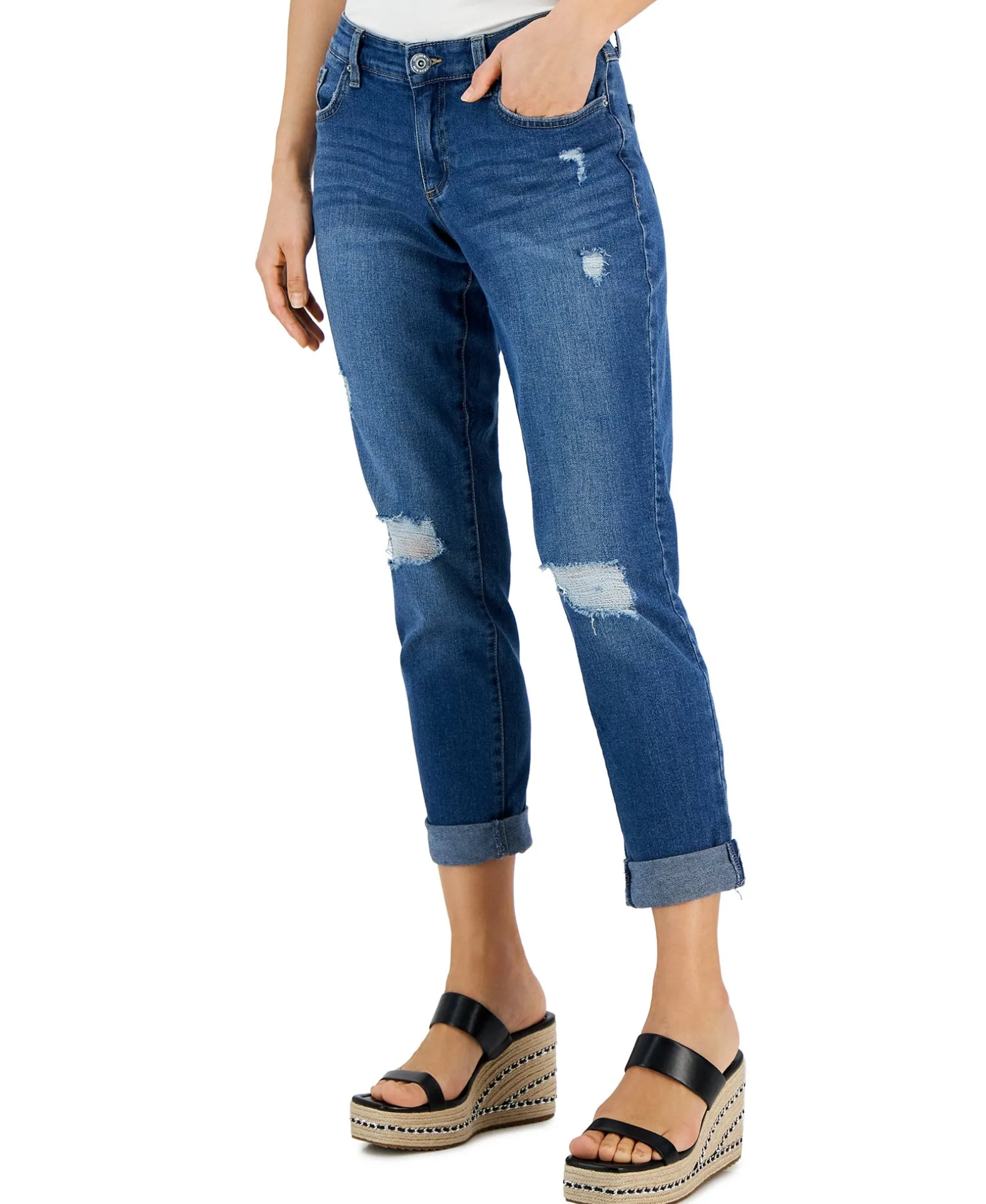 Women's Curvy Mid Rise Ripped Straight-Leg Jeans