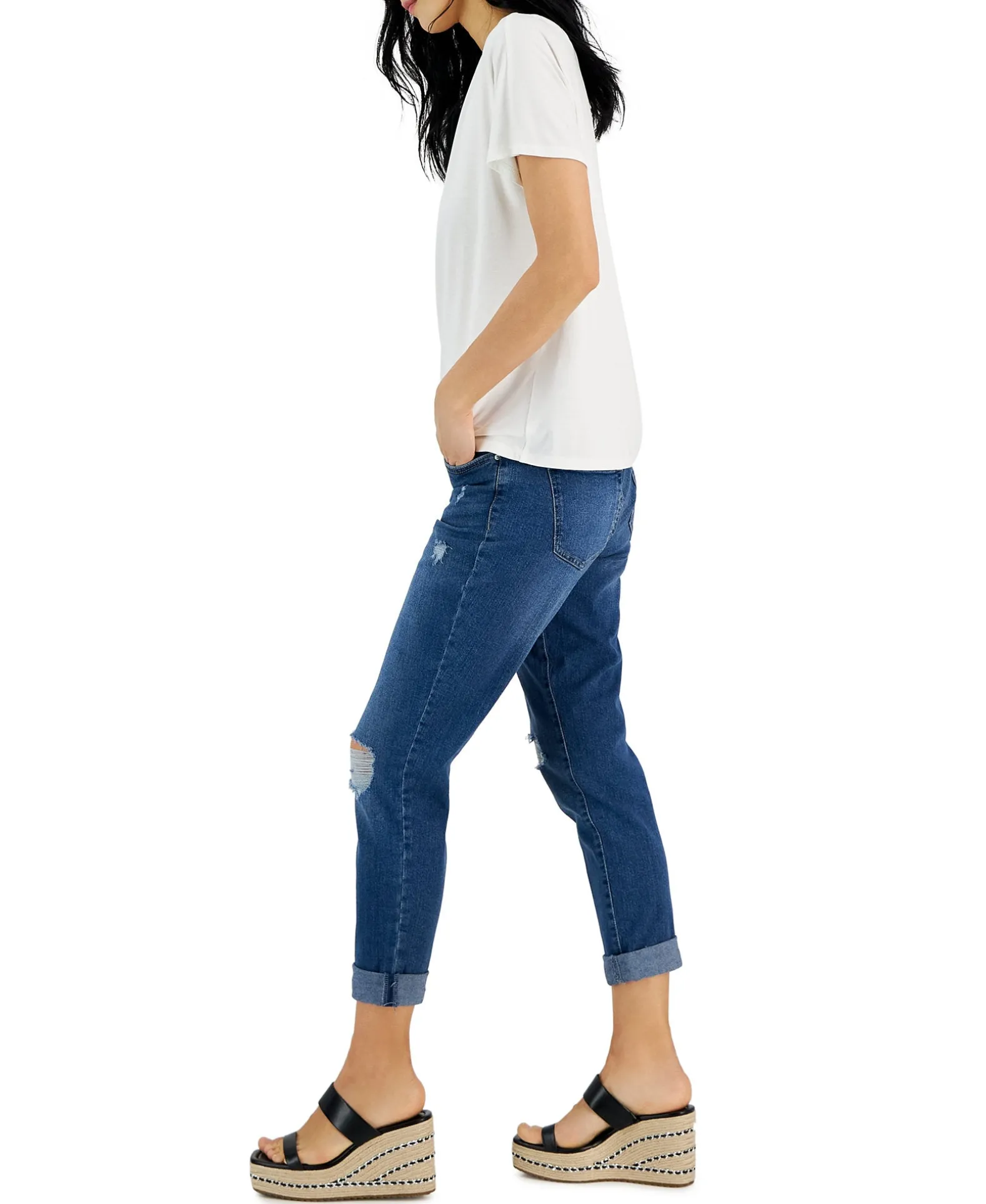 Women's Curvy Mid Rise Ripped Straight-Leg Jeans