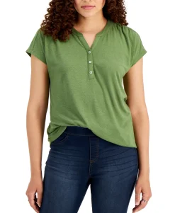 Women's Dolman-Sleeve Henley Linen-Blend Top