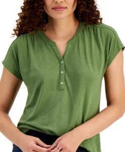 Women's Dolman-Sleeve Henley Linen-Blend Top