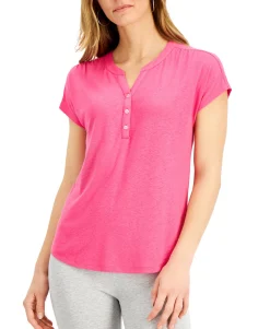 Women's Dolman-Sleeve Henley Linen-Blend Top