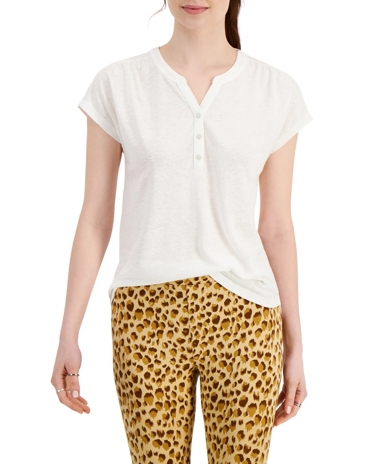 Women's Dolman-Sleeve Henley Linen-Blend Top