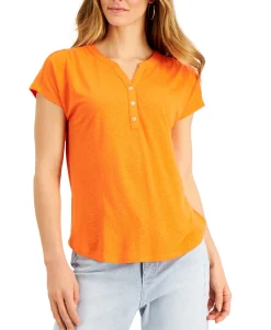 Women's Dolman-Sleeve Henley Linen-Blend Top