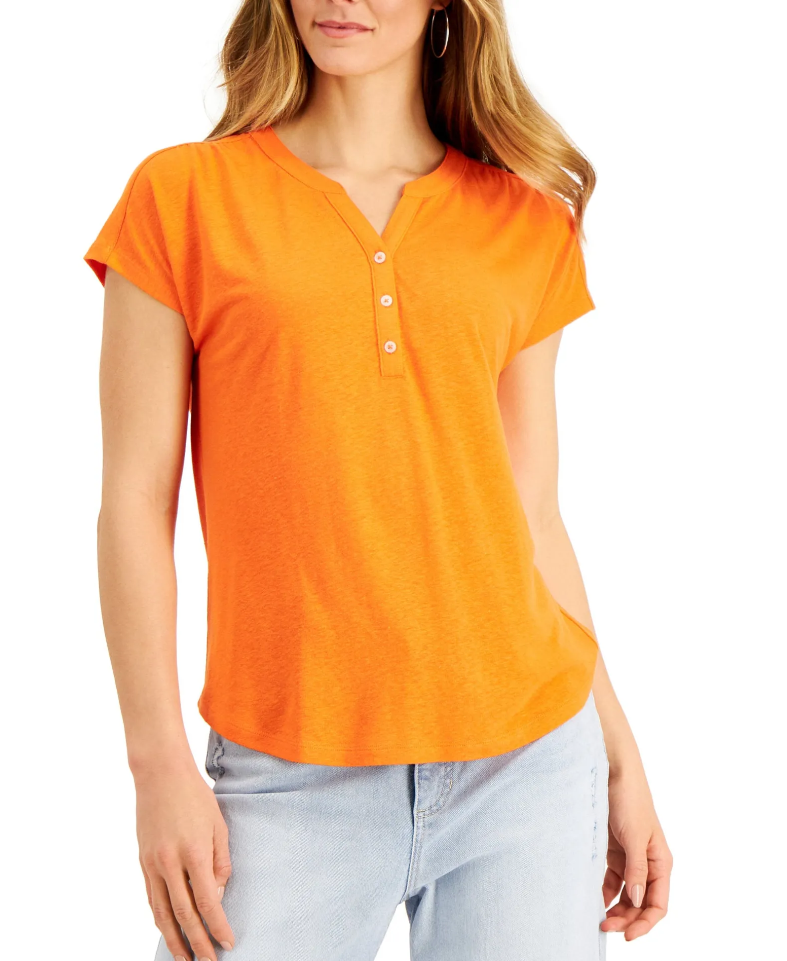 Women's Dolman-Sleeve Henley Linen-Blend Top