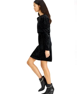 Women's Dot-Print Velvet Puff-Sleeve Dress