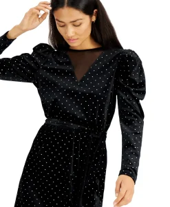 Women's Dot-Print Velvet Puff-Sleeve Dress