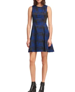 Women's Faux Leather-Trim Fit & Flare Dress