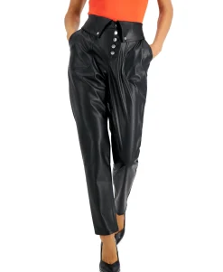 Women's Faux-Leather Button-Front Pants