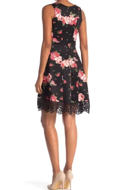 Women's Floral-Print Crochet-Hem Fit & Flare Dress