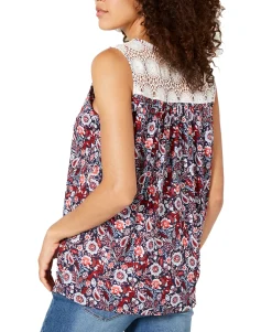 Women's Floral-Print Lace-Trim Top