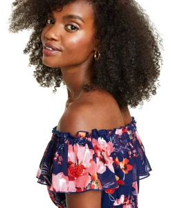 Women's Floral-Print Off-The-Shoulder Ruffled Mini Dress