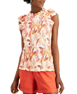 Women's Floral-Print Smocked Sleeveless Top