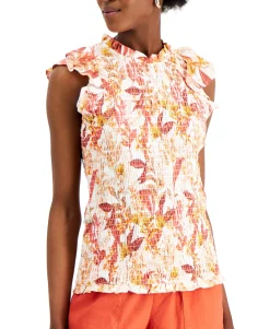 Women's Floral-Print Smocked Sleeveless Top
