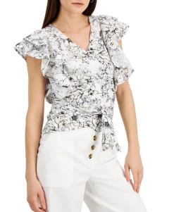 Women's Floral-Print Wrap-Style Cotton Top