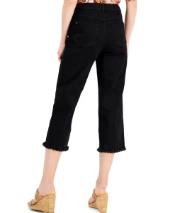 Women's High Rise Frayed Hem Cropped Wide Leg Jeans