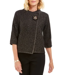 Women's Holiday Party Metallic Textured Brooch Sweater Jacket