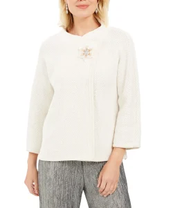 Women's Holiday Party Metallic Textured Brooch Sweater Jacket