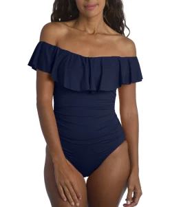 Women's Island Goddess Off-The-Shoulder Ruffled Tummy-Control One-Piece Swimsuit